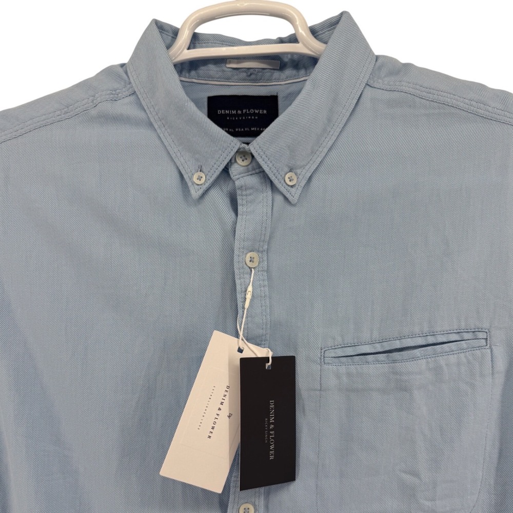 Denim & Flower Ricky Singh Mens XL Light Blue Cotton Twill Slim Fit SS Shirt NWT